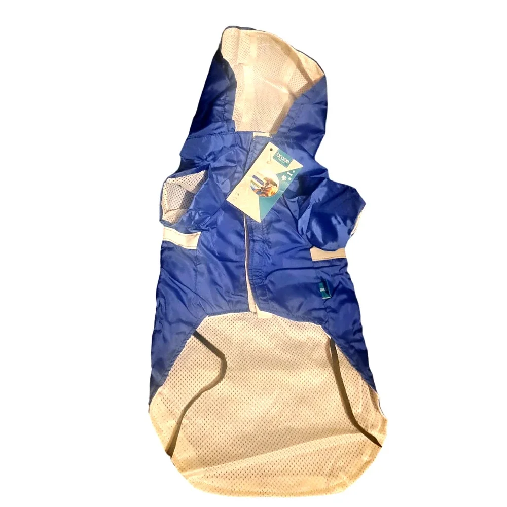 NIB-Sz L Dog Reflective Rain Jacket with Hood Blue White Gray MR DOG on back